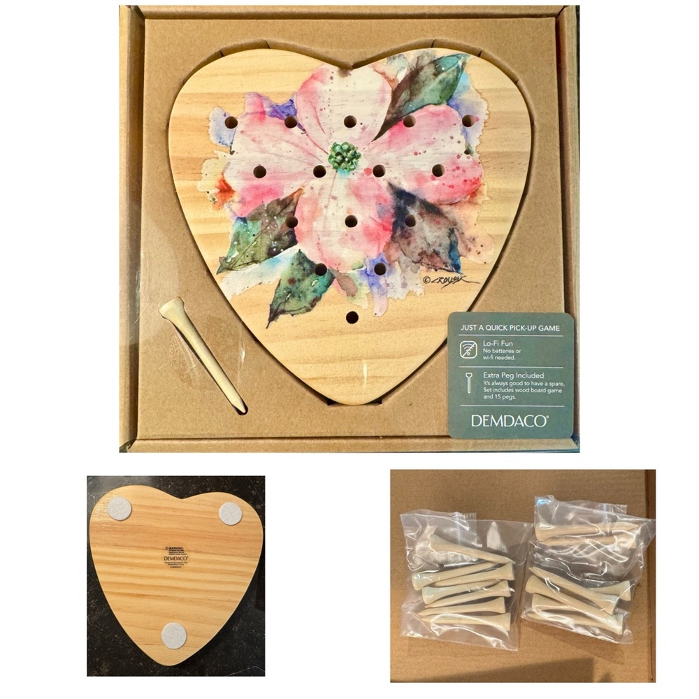 Peg Solitaire Game - Demdaco - Wooden Heart-Shaped Game Floral Dogwood Design